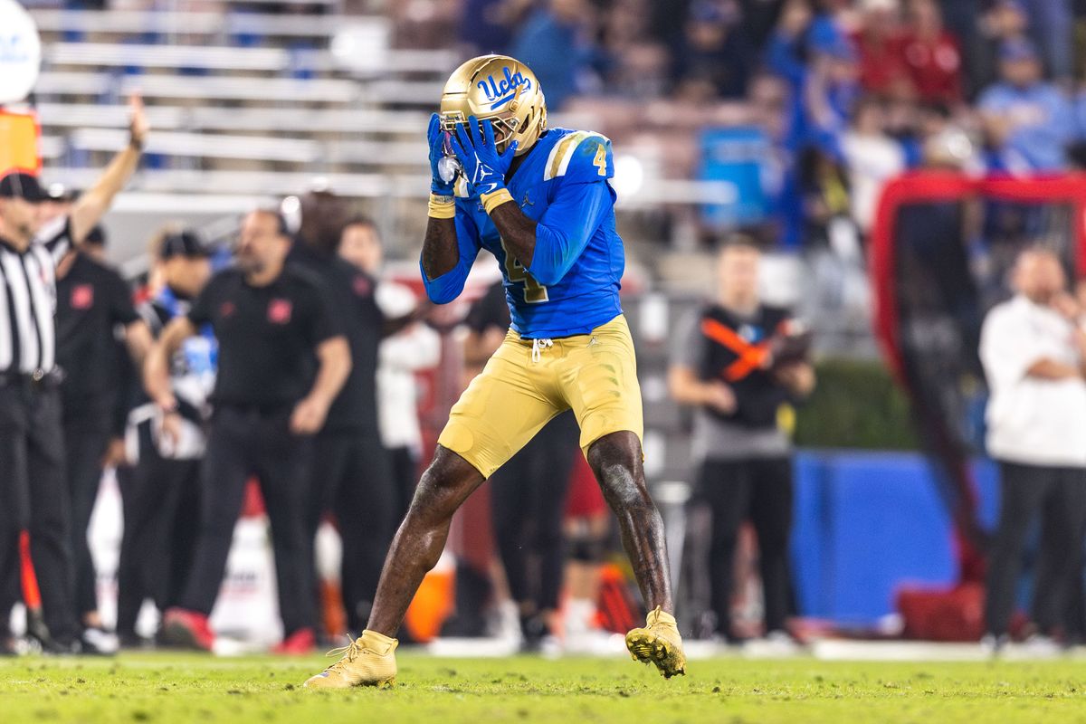UCLA Bruins defensive back Key Lawrence (4) celebrates after sacking Nebraska Cornhuskers quarterback TJ Lateef (14) during the game against Nebraska Cornhuskers at Rose Bowl Stadium on November 8, 2025 in Pasadena, California. UCLA Bruins defensive back Key Lawrence (4) celebrates after sacking Nebraska Cornhuskers quarterback TJ Lateef (14) during the game against Nebraska Cornhuskers at Rose Bowl Stadium on November 8, 2025 in Pasadena, California.