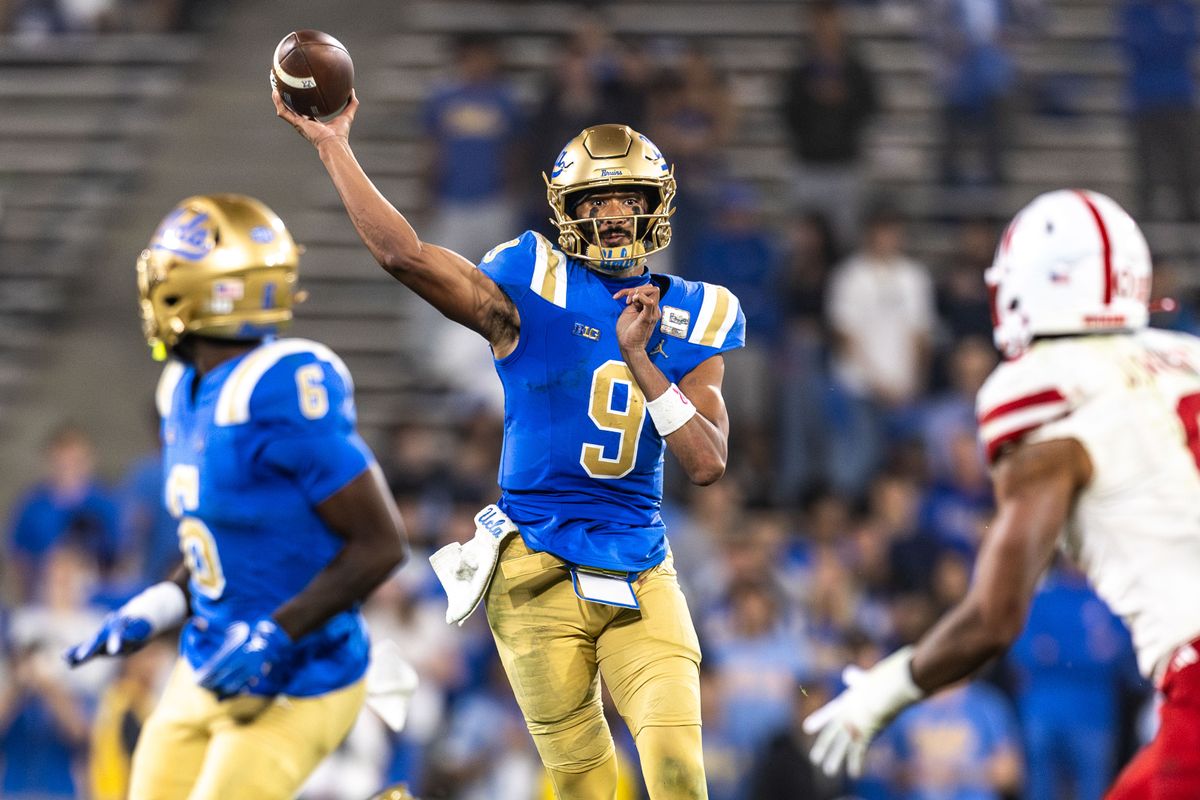UCLA Bruins quarterback Nico Iamaleava (9) throws the ball during the game against Nebraska Cornhuskers at Rose Bowl Stadium on November 8, 2025 in Pasadena, California. UCLA Bruins quarterback Nico Iamaleava (9) throws the ball during the game against Nebraska Cornhuskers at Rose Bowl Stadium on November 8, 2025 in Pasadena, California.