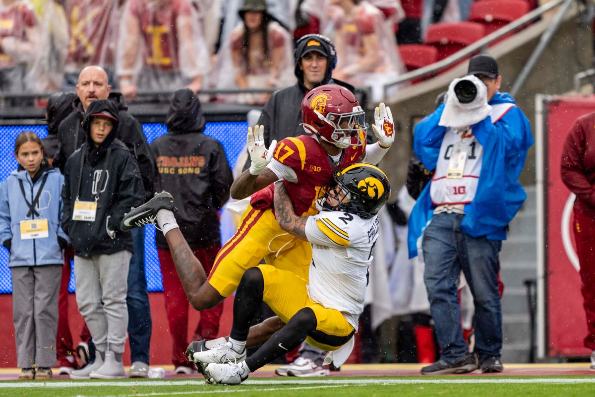 Iowa Hawkeyes wide receiver, Sam Phillips (2) baits a pass interference call during an NCAAF football game against the USC Trojans on November 15, 2025 in Los Angeles, CA. Iowa Hawkeyes wide receiver, Sam Phillips (2) baits a pass interference call during an NCAAF football game against the USC Trojans on November 15, 2025 in Los Angeles, CA.