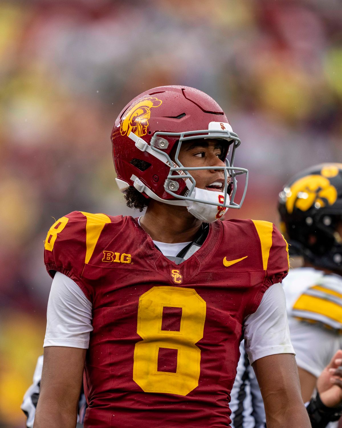 USC Trojans wide receiver, Ja'Kobi Lane (8) celebrates a big play during an NCAAF football game against the Iowa Hawkeyes on November 15, 2025 in Los Angeles, CA. USC Trojans wide receiver, Ja'Kobi Lane (8) celebrates a big play during an NCAAF football game against the Iowa Hawkeyes on November 15, 2025 in Los Angeles, CA.