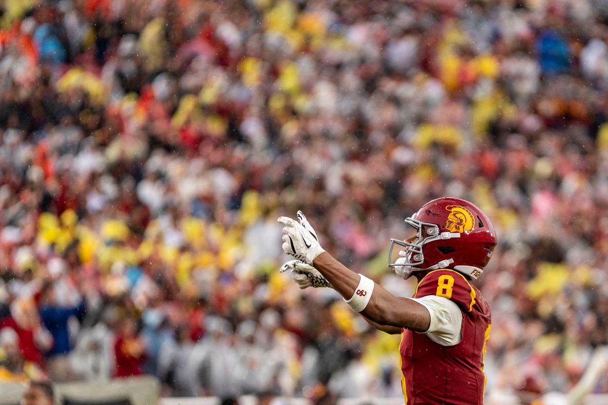 USC Trojans wide receiver, Ja'Kobi Lane (8) celebrates a catch during an NCAAF football game against the Iowa Hawkeyes on November 15, 2025 in Los Angeles, CA. USC Trojans wide receiver, Ja'Kobi Lane (8) celebrates a catch during an NCAAF football game against the Iowa Hawkeyes on November 15, 2025 in Los Angeles, CA.