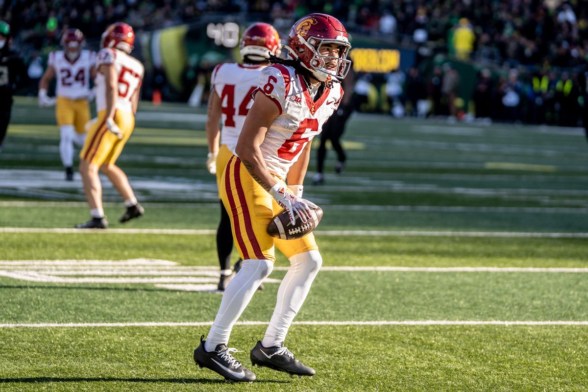 USC Trojans wide receiver, Makai Lemon (6) gets up and celebrates after making a down field catch during an NCAAF football game against the Oregon Ducks on November 22, 2025 in Eugene, OR. USC Trojans wide receiver, Makai Lemon (6) gets up and celebrates after making a down field catch during an NCAAF football game against the Oregon Ducks on November 22, 2025 in Eugene, OR.