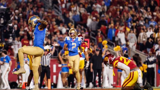 UCLA Bruins wide receiver Kwazi Gilmer (3) celebrates a touchdown during a NCAAF game against the Southern California Trojans on November 29, 2025 in Los Angeles, CA. UCLA Bruins wide receiver Kwazi Gilmer (3) celebrates a touchdown during a NCAAF game against the Southern California Trojans on November 29, 2025 in Los Angeles, CA.