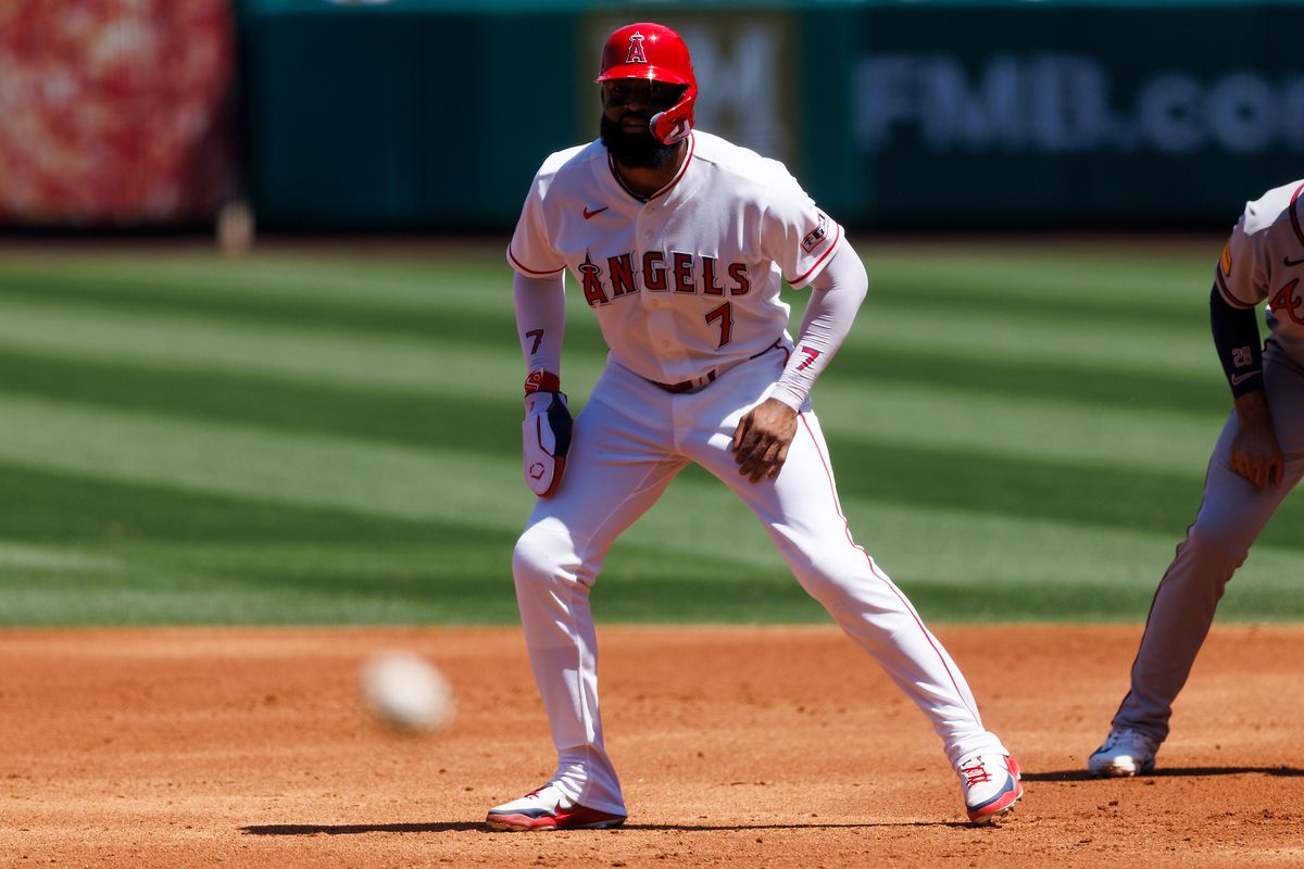 Jo Adell #7 of the Los Angeles Angels watches a pitch during the game against the Atlanta Braves at Angel Stadium of Anaheim on April 8, 2026 in Anaheim, California. Jo Adell #7 of the Los Angeles Angels watches a pitch during the game against the Atlanta Braves at Angel Stadium of Anaheim on April 8, 2026 in Anaheim, California.