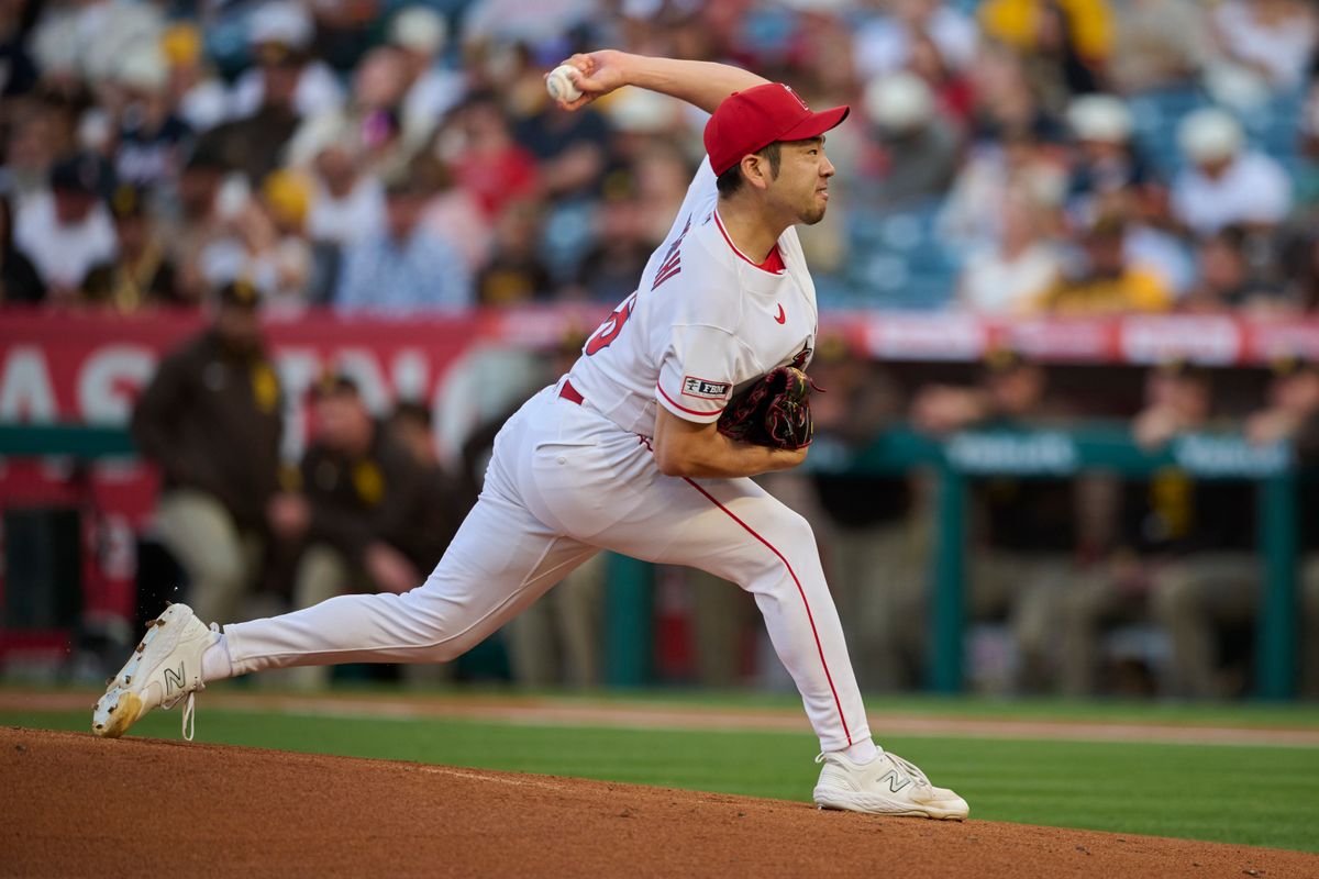 The Los Angeles Angels Yusei Kikuchi #16 pitches during an MLB game against the San Diego Padres, April 18th, 2026 in Anaheim California. The Los Angeles Angels Yusei Kikuchi #16 pitches during an MLB game against the San Diego Padres, April 18th, 2026 in Anaheim California.