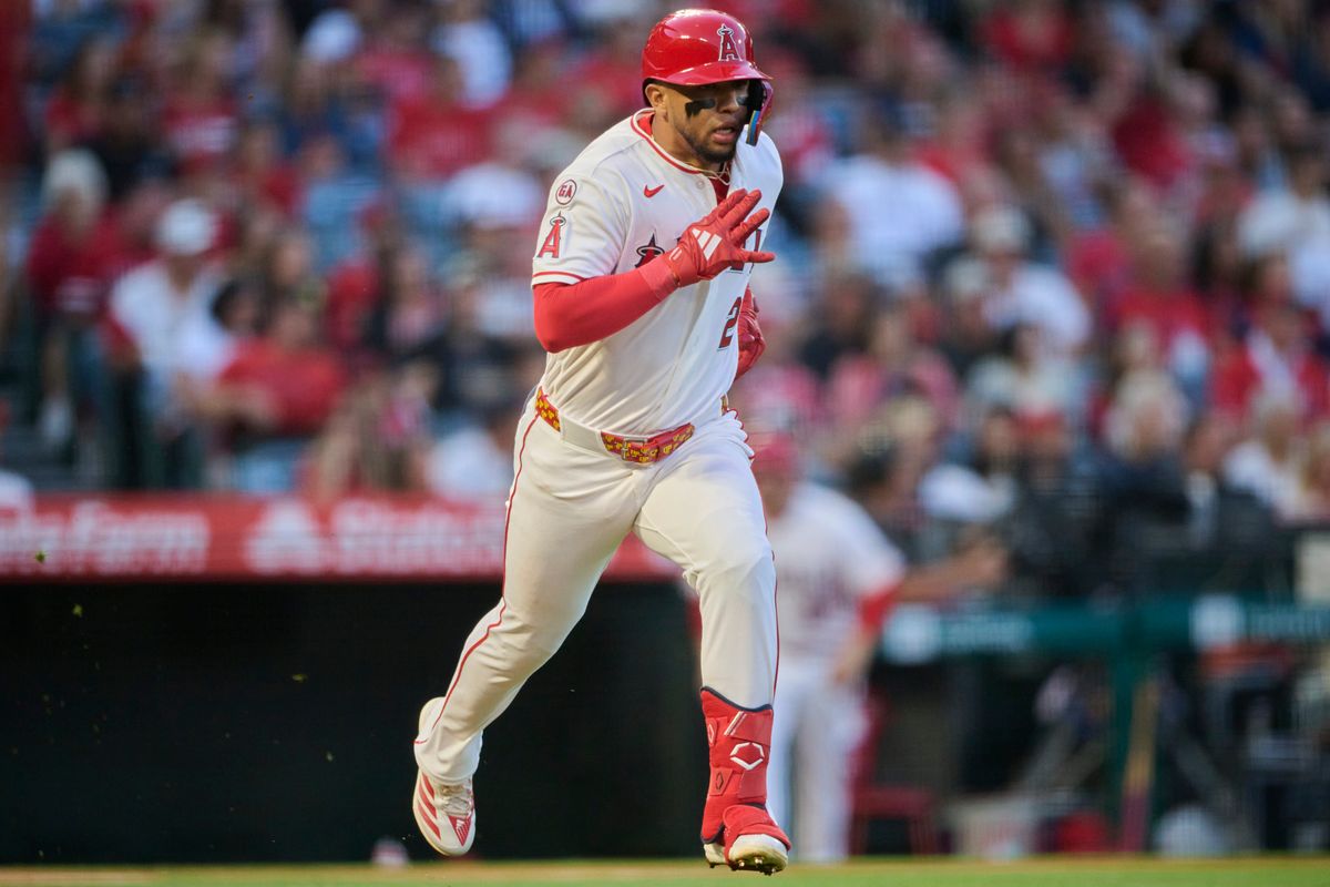 The Los Angeles Angels Oswald Peraza #2 runs to first during an MLB game against the San Diego Padres, April 18th, 2026 in Anaheim California. The Los Angeles Angels Oswald Peraza #2 runs to first during an MLB game against the San Diego Padres, April 18th, 2026 in Anaheim California.