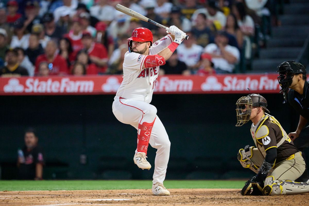 The Los Angeles Angels Nolan Schanuel #18 bats during an MLB game against the San Diego Padres, April 18th, 2026 in Anaheim California. The Los Angeles Angels Nolan Schanuel #18 bats during an MLB game against the San Diego Padres, April 18th, 2026 in Anaheim California.