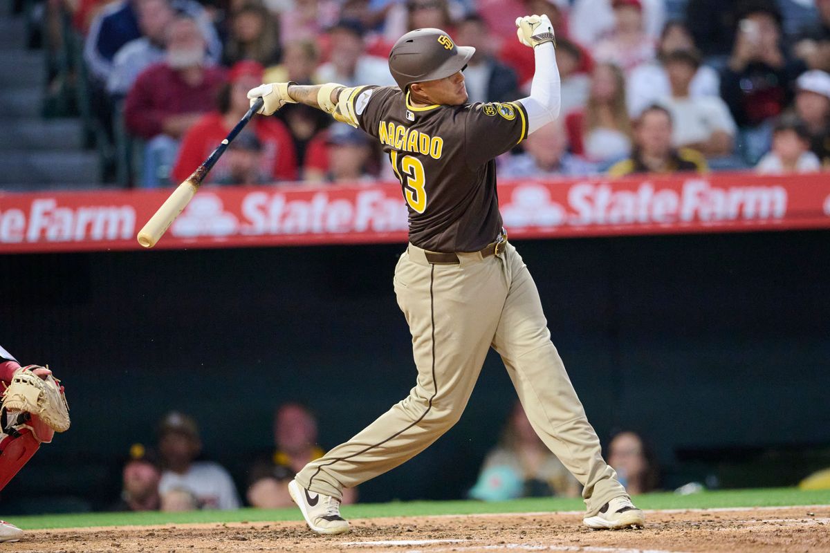 The San Diego Padres Manny Machado #13 bats during an MLB game against the Los Angeles Angels, April 18th, 2026 in Anaheim California. The San Diego Padres Manny Machado #13 bats during an MLB game against the Los Angeles Angels, April 18th, 2026 in Anaheim California.