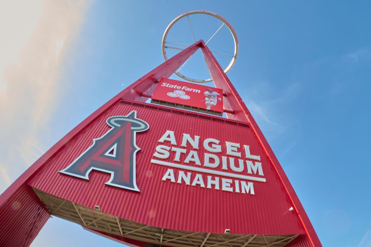 The Los Angeles Angels stadium sign during an MLB game against the San Diego Padres, April 18th, 2026 in Anaheim California. The Los Angeles Angels stadium sign during an MLB game against the San Diego Padres, April 18th, 2026 in Anaheim California.