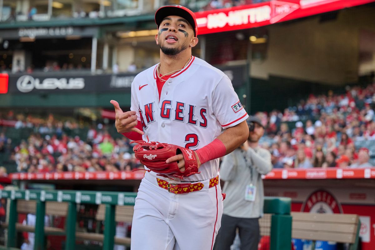 The Los Angeles Angels Oswald Peraza #2 in the starting line up during an MLB game against the San Diego Padres, April 18th, 2026 in Anaheim California. The Los Angeles Angels Oswald Peraza #2 in the starting line up during an MLB game against the San Diego Padres, April 18th, 2026 in Anaheim California.