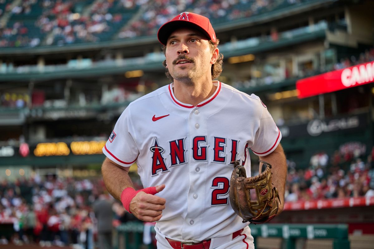 The Los Angeles Angels Adam Frazier #20 in the starting line up during an MLB game against the San Diego Padres, April 18th, 2026 in Anaheim California. The Los Angeles Angels Adam Frazier #20 in the starting line up during an MLB game against the San Diego Padres, April 18th, 2026 in Anaheim California.