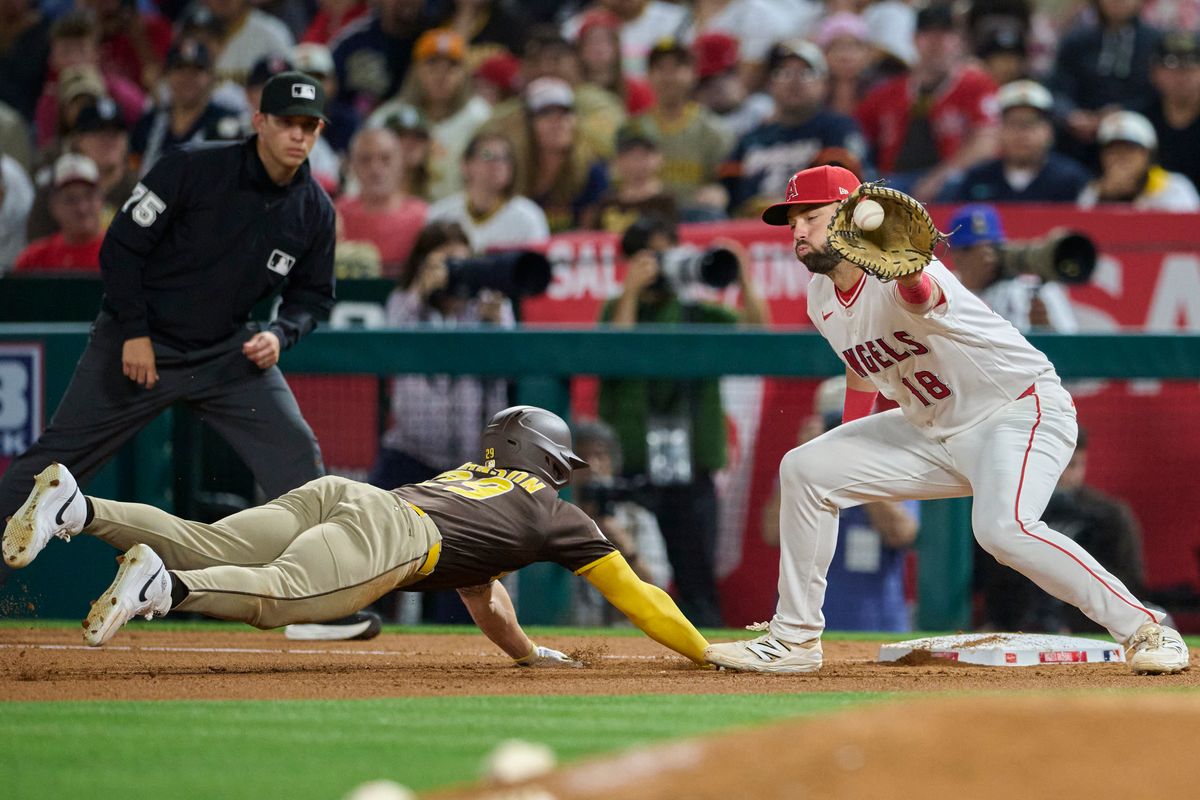 The Los Angeles Angels Nolan Schanuel #18 catches at first during an MLB game against the San Diego Padres, April 18th, 2026 in Anaheim California. The Los Angeles Angels Nolan Schanuel #18 catches at first during an MLB game against the San Diego Padres, April 18th, 2026 in Anaheim California.