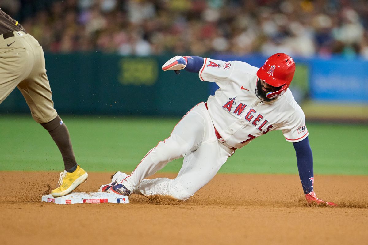 The Los Angeles Angels Jo Adell #7 slides during an MLB game against the San Diego Padres, April 18th, 2026 in Anaheim California. The Los Angeles Angels Jo Adell #7 slides during an MLB game against the San Diego Padres, April 18th, 2026 in Anaheim California.
