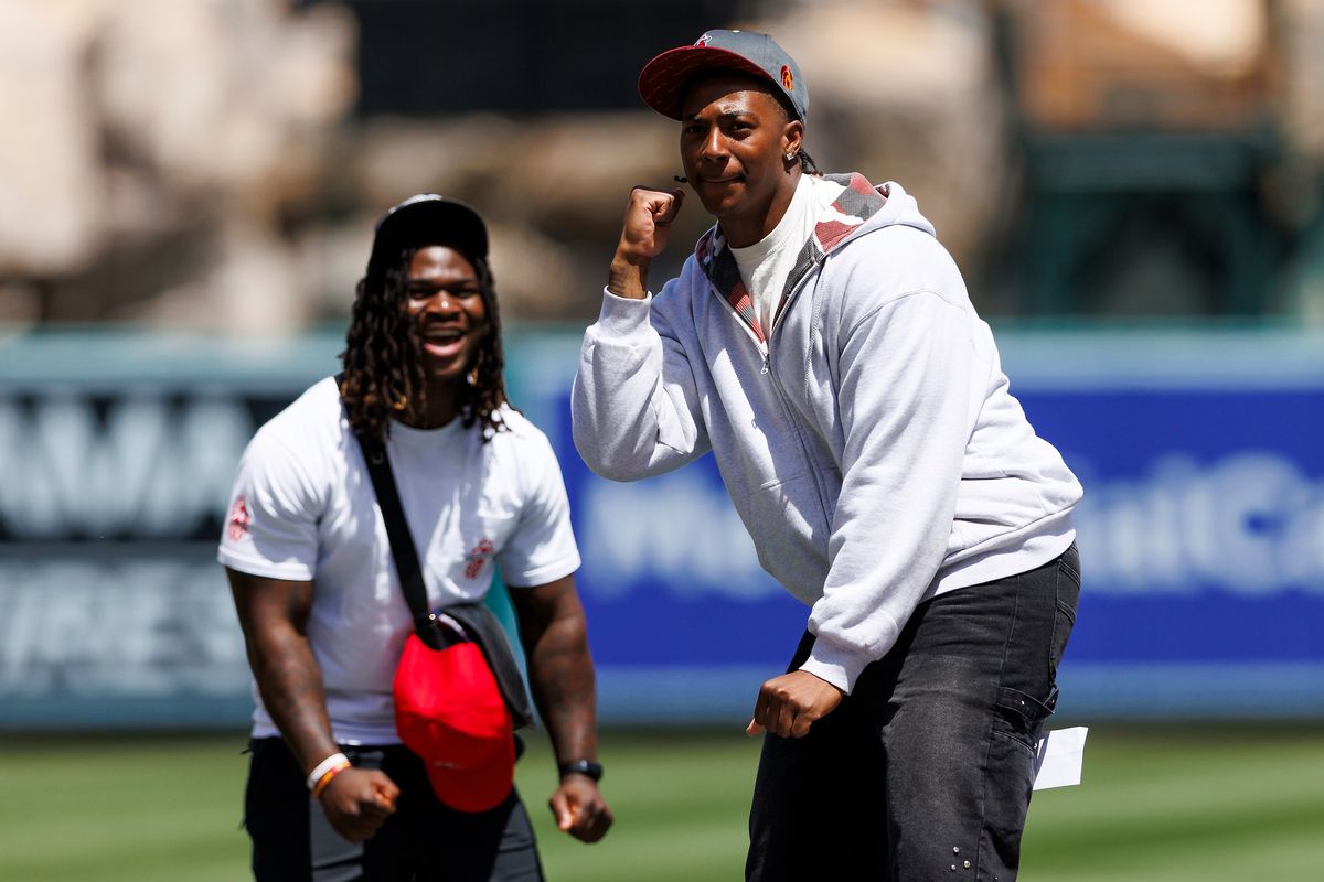 King Miller of the USC Trojans celebrates after throwing out the first pitch before the game between the San Diego Padres and the Los Angeles Angels at Angel Stadium of Anaheim on April 19, 2026 in Anaheim, California. King Miller of the USC Trojans celebrates after throwing out the first pitch before the game between the San Diego Padres and the Los Angeles Angels at Angel Stadium of Anaheim on April 19, 2026 in Anaheim, California.