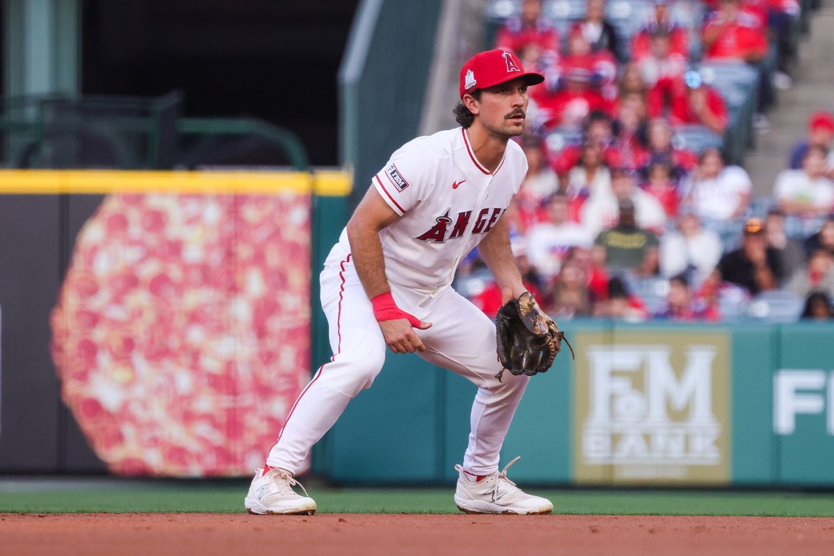 Los Angeles Angels infielder Adam Frazier (20) in a defensive stance during the MLB game against the Toronto Blue Jays Monday April 20th, 2026 at Angel's Stadium in Anaheim, Calif. Los Angeles Angels infielder Adam Frazier (20) in a defensive stance during the MLB game against the Toronto Blue Jays Monday April 20th, 2026 at Angel's Stadium in Anaheim, Calif.