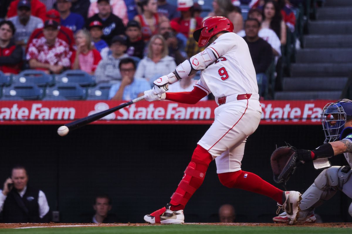 Los Angeles Angels infielder Zach Neto (9) hits the ball during the MLB game against the Toronto Blue Jays Monday April 20th, 2026 at Angel's Stadium in Anaheim, Calif. Los Angeles Angels infielder Zach Neto (9) hits the ball during the MLB game against the Toronto Blue Jays Monday April 20th, 2026 at Angel's Stadium in Anaheim, Calif.