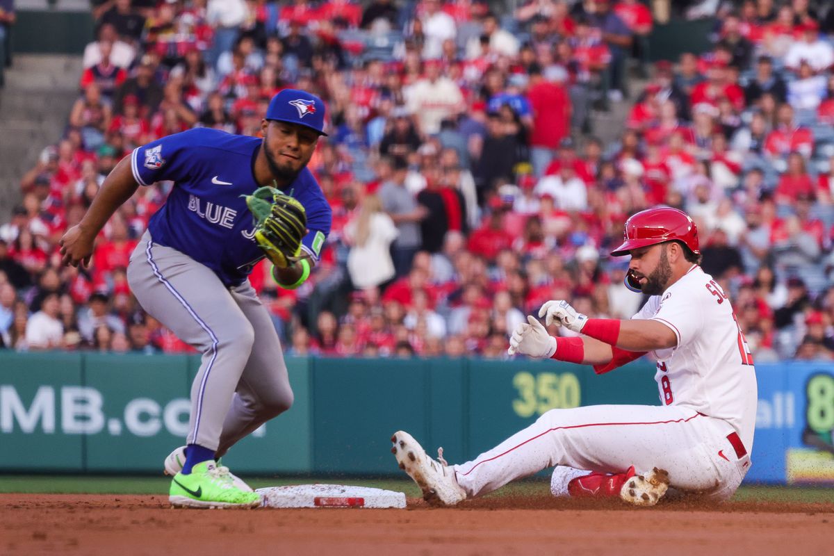 Los Angeles Angels infielder Nolan Schanuel (18) slides during the MLB game against the Toronto Blue Jays Monday April 20th, 2026 at Angel's Stadium in Anaheim, Calif. Los Angeles Angels infielder Nolan Schanuel (18) slides during the MLB game against the Toronto Blue Jays Monday April 20th, 2026 at Angel's Stadium in Anaheim, Calif.
