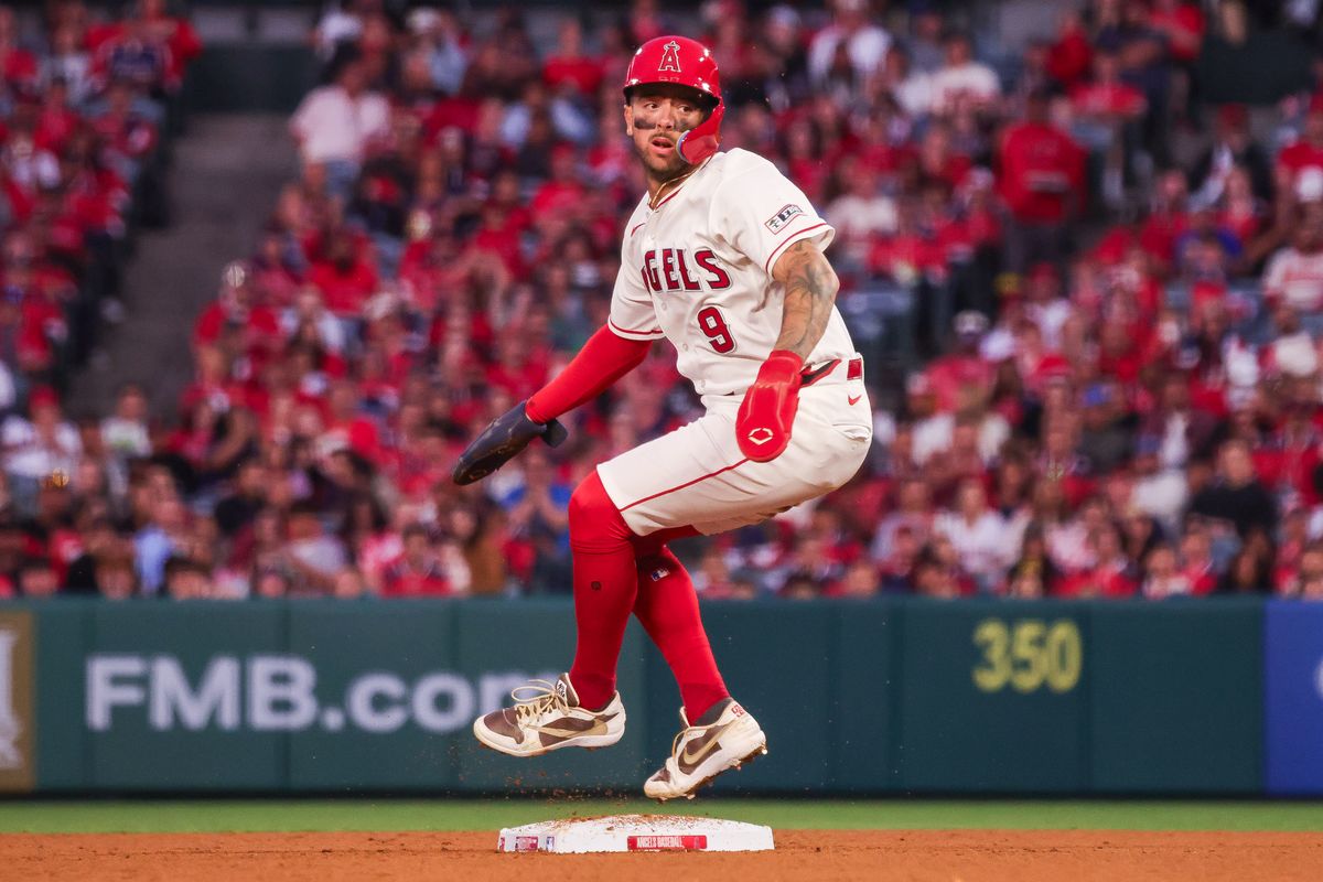 Los Angeles Angels infielder Zach Neto (9) on second base during the MLB game against the Toronto Blue Jays Monday April 20th, 2026 at Angel's Stadium in Anaheim, Calif. Los Angeles Angels infielder Zach Neto (9) on second base during the MLB game against the Toronto Blue Jays Monday April 20th, 2026 at Angel's Stadium in Anaheim, Calif.