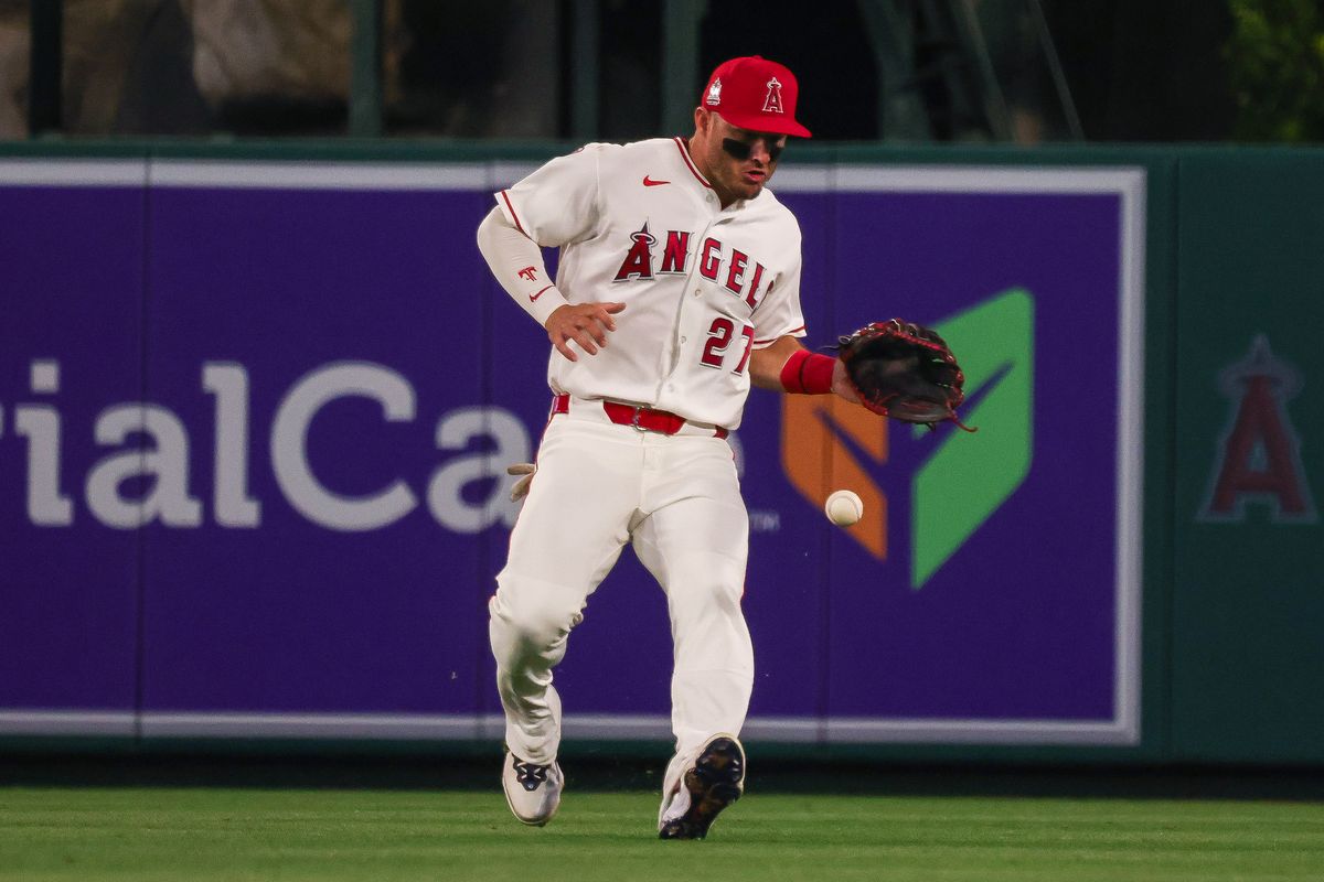 Los Angeles Angels outfielder Mike Trout (27) catches the ball during the MLB game against the Toronto Blue Jays Monday April 20th, 2026 at Angel's Stadium in Anaheim, Calif. Los Angeles Angels outfielder Mike Trout (27) catches the ball during the MLB game against the Toronto Blue Jays Monday April 20th, 2026 at Angel's Stadium in Anaheim, Calif.