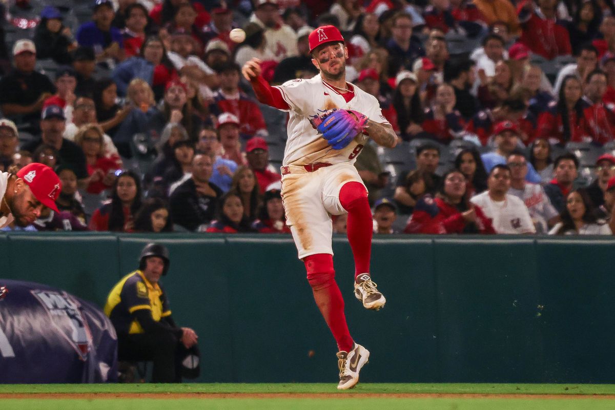 Los Angeles Angels infielder Zach Neto (9) throws the ball during the MLB game against the Toronto Blue Jays Monday April 20th, 2026 at Angel's Stadium in Anaheim, Calif. Los Angeles Angels infielder Zach Neto (9) throws the ball during the MLB game against the Toronto Blue Jays Monday April 20th, 2026 at Angel's Stadium in Anaheim, Calif.