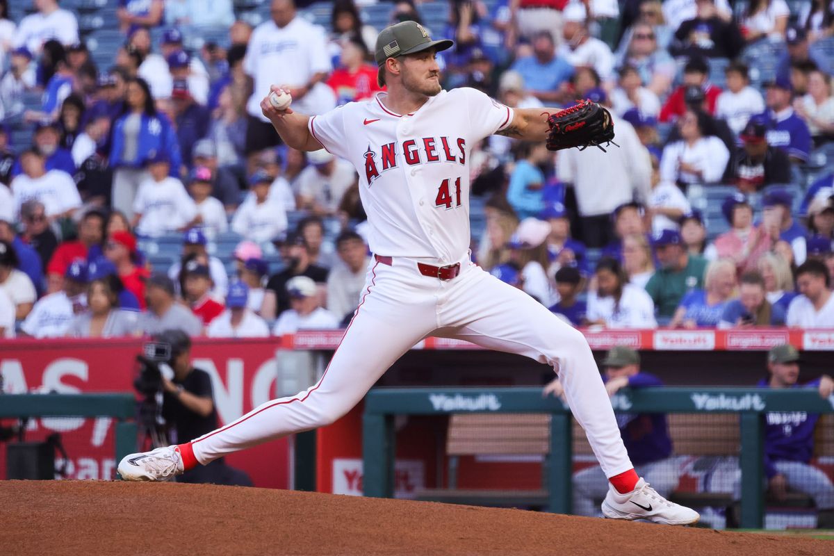 Los Angeles Angels right-handed pitcher Jack Kochanowicz (41) pitches during the MLB game against the Los Angeles Dodgers Friday May 15th, 2026 at Angel's Stadium in Anaheim, Calif. Los Angeles Angels right-handed pitcher Jack Kochanowicz (41) pitches during the MLB game against the Los Angeles Dodgers Friday May 15th, 2026 at Angel's Stadium in Anaheim, Calif.