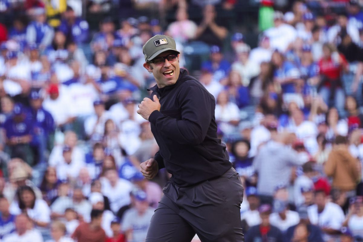 MLB umpire smiles during the Los Angeles Angels at Los Angeles Dodgers MLB game Friday May 15th, 2026 at Angel's Stadium in Anaheim, Calif. MLB umpire smiles during the Los Angeles Angels at Los Angeles Dodgers MLB game Friday May 15th, 2026 at Angel's Stadium in Anaheim, Calif.