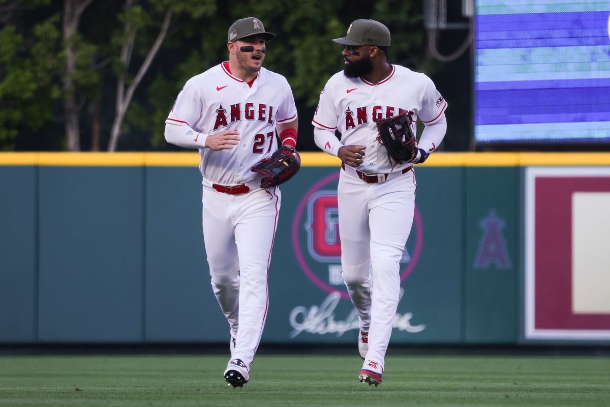 Los Angeles Angels outfielder Mike Trout (27) and outfielder Jo Adell (7) run during the MLB game against the Los Angeles Dodgers Friday May 15th, 2026 at Angel's Stadium in Anaheim, Calif. Los Angeles Angels outfielder Mike Trout (27) and outfielder Jo Adell (7) run during the MLB game against the Los Angeles Dodgers Friday May 15th, 2026 at Angel's Stadium in Anaheim, Calif.