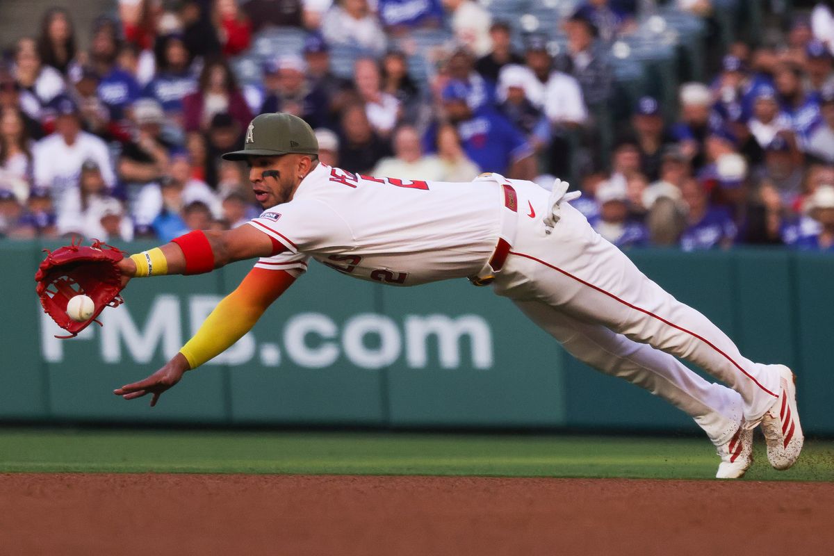Los Angeles Angels infielder Oswald Peraza (2) dives for the ball during the MLB game against the Los Angeles Dodgers Friday May 15th, 2026 at Angel's Stadium in Anaheim, Calif. Los Angeles Angels infielder Oswald Peraza (2) dives for the ball during the MLB game against the Los Angeles Dodgers Friday May 15th, 2026 at Angel's Stadium in Anaheim, Calif.