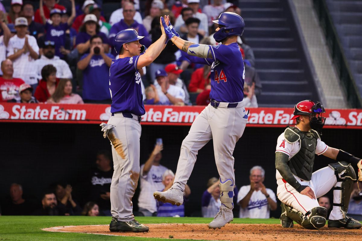 Los Angeles Dodgers outfielder Andy Pages (44) celebrates during the MLB game against the Los Angeles Angels Friday May 15th, 2026 at Angel's Stadium in Anaheim, Calif. Los Angeles Dodgers outfielder Andy Pages (44) celebrates during the MLB game against the Los Angeles Angels Friday May 15th, 2026 at Angel's Stadium in Anaheim, Calif.