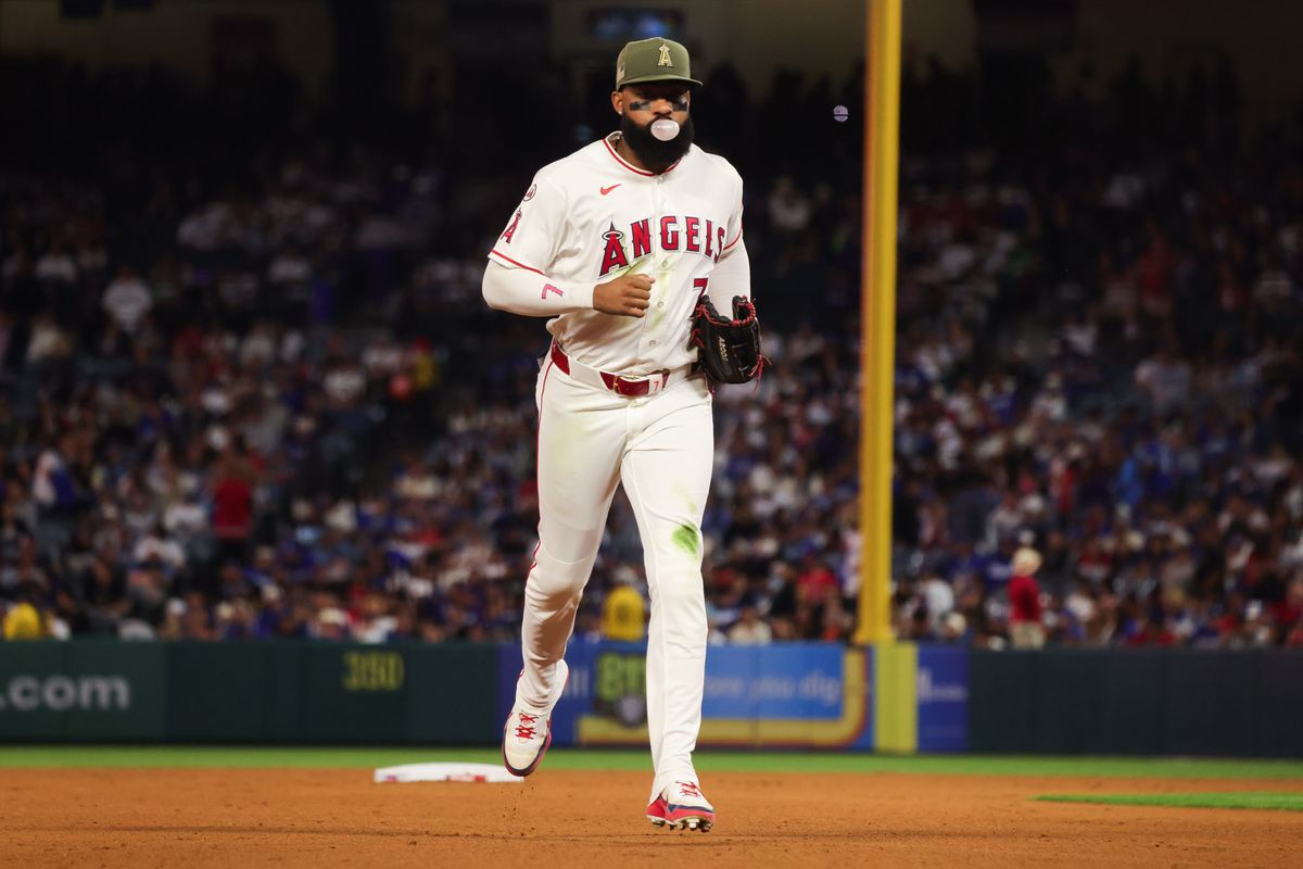 Los Angeles Angels outfielder Jo Adell (7) runs during the MLB game against the Los Angeles Dodgers Friday May 15th, 2026 at Angel's Stadium in Anaheim, Calif. Los Angeles Angels outfielder Jo Adell (7) runs during the MLB game against the Los Angeles Dodgers Friday May 15th, 2026 at Angel's Stadium in Anaheim, Calif.