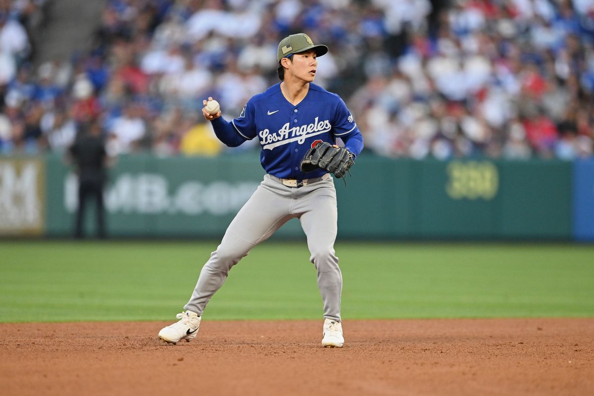 The Los Angeles Dodgers Hyeseong Kim #6 catches at short stop during an MLB game against the Los Angeles Angels, May 16th, 2026 at Angels Stadium in Anaheim, California. The Los Angeles Dodgers Hyeseong Kim #6 catches at short stop during an MLB game against the Los Angeles Angels, May 16th, 2026 at Angels Stadium in Anaheim, California.
