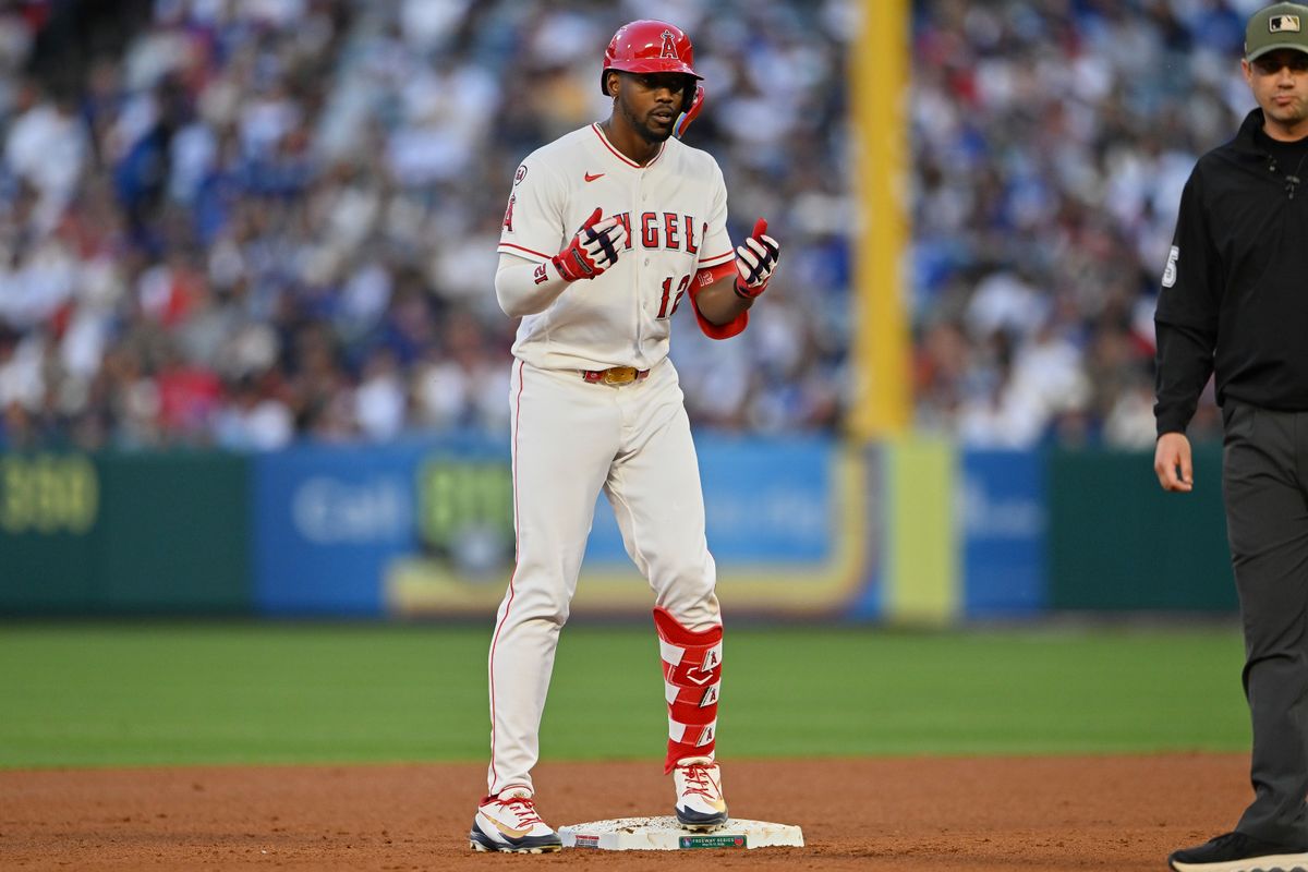 The Los Angeles Angels Jorge Soler #12 celebrates a double during an MLB game against The Los Angeles Dodgers on May 16th, 2026 at Angels Stadium in Anaheim, California. The Los Angeles Angels Jorge Soler #12 celebrates a double during an MLB game against The Los Angeles Dodgers on May 16th, 2026 at Angels Stadium in Anaheim, California.