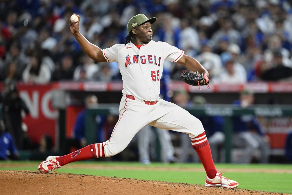 The Los Angeles Angels José Fermin #65 pitches during an MLB game against The Los Angeles Dodgers on May 16th, 2026 at Angels Stadium in Anaheim, California. The Los Angeles Angels José Fermin #65 pitches during an MLB game against The Los Angeles Dodgers on May 16th, 2026 at Angels Stadium in Anaheim, California.