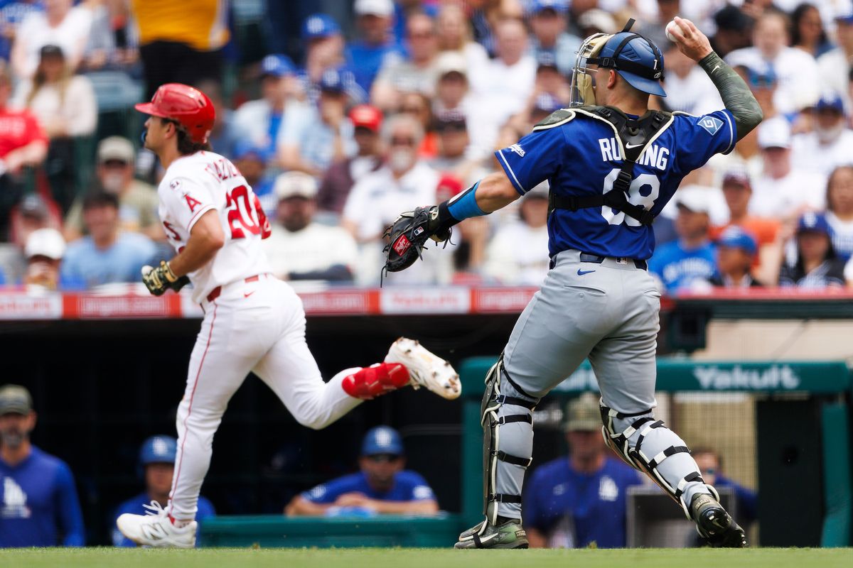 Dalton Rushing #68 of the Los Angeles Dodgers throws to first base during the game against the Los Angeles Angels at Angel Stadium of Anaheim on May 17, 2026 in Anaheim, California. Dalton Rushing #68 of the Los Angeles Dodgers throws to first base during the game against the Los Angeles Angels at Angel Stadium of Anaheim on May 17, 2026 in Anaheim, California.