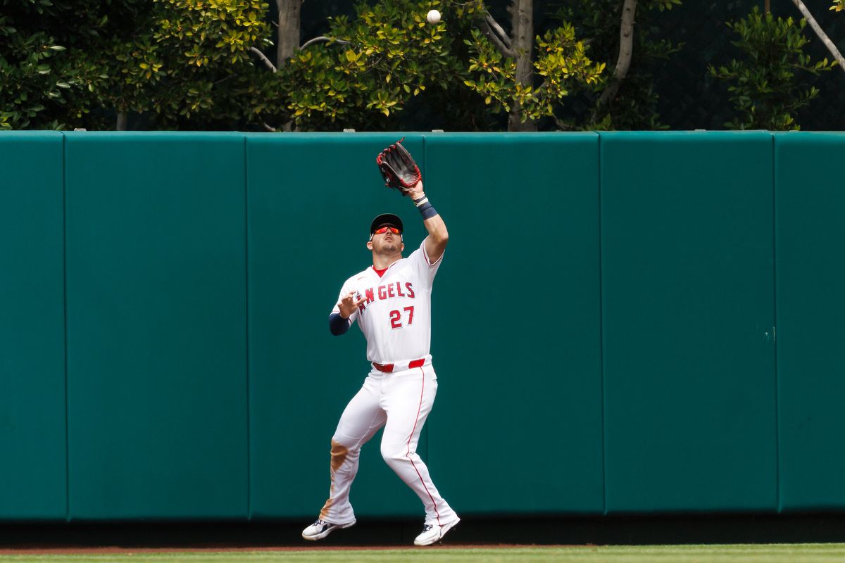 Mike Trout #27 of the Los Angeles Angels catches a fly ball during the game against the Los Angeles Dodgers at Angel Stadium of Anaheim on May 17, 2026 in Anaheim, California. Mike Trout #27 of the Los Angeles Angels catches a fly ball during the game against the Los Angeles Dodgers at Angel Stadium of Anaheim on May 17, 2026 in Anaheim, California.