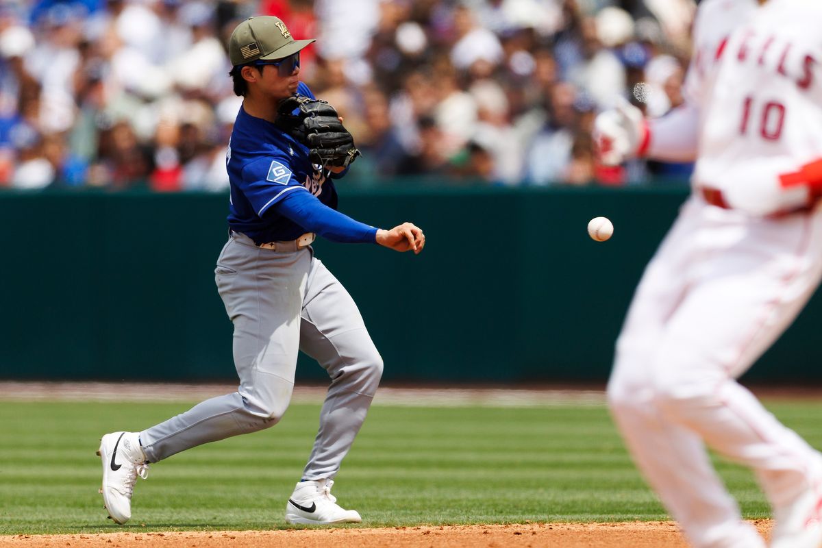 Hyeseong Kim #6 of the Los Angeles Dodgers throws during the game against the Los Angeles Angels at Angel Stadium of Anaheim on May 17, 2026 in Anaheim, California. Hyeseong Kim #6 of the Los Angeles Dodgers throws during the game against the Los Angeles Angels at Angel Stadium of Anaheim on May 17, 2026 in Anaheim, California.