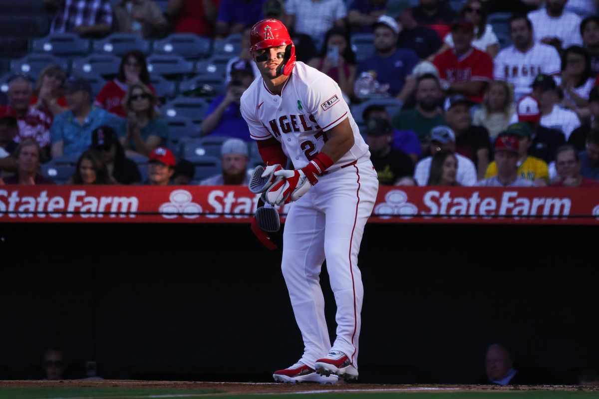 Los Angeles Angels outfielder Mike Trout (27) stands during the MLB game against the Athletics Wednesday May 20th, 2026 at Angel's Stadium in Anaheim, Calif. Los Angeles Angels outfielder Mike Trout (27) stands during the MLB game against the Athletics Wednesday May 20th, 2026 at Angel's Stadium in Anaheim, Calif.
