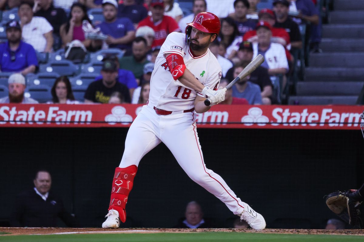Los Angeles Angels infielder Nolan Schanuel (18) swings during the MLB game against the Athletics Wednesday May 20th, 2026 at Angel's Stadium in Anaheim, Calif. Los Angeles Angels infielder Nolan Schanuel (18) swings during the MLB game against the Athletics Wednesday May 20th, 2026 at Angel's Stadium in Anaheim, Calif.