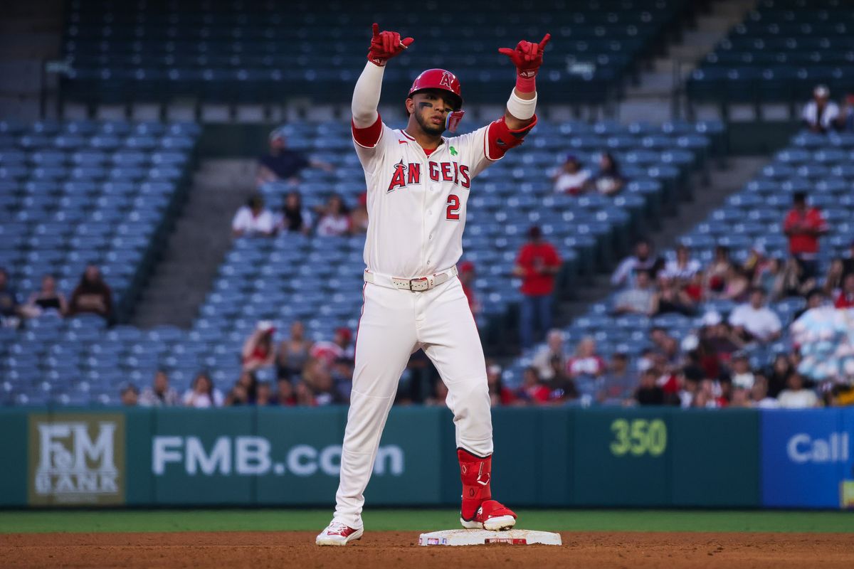 Los Angeles Angels infielder Oswald Peraza (2) celebrates after hitting a double during the MLB game against the Athletics Wednesday May 20th, 2026 at Angel's Stadium in Anaheim, Calif. Los Angeles Angels infielder Oswald Peraza (2) celebrates after hitting a double during the MLB game against the Athletics Wednesday May 20th, 2026 at Angel's Stadium in Anaheim, Calif.