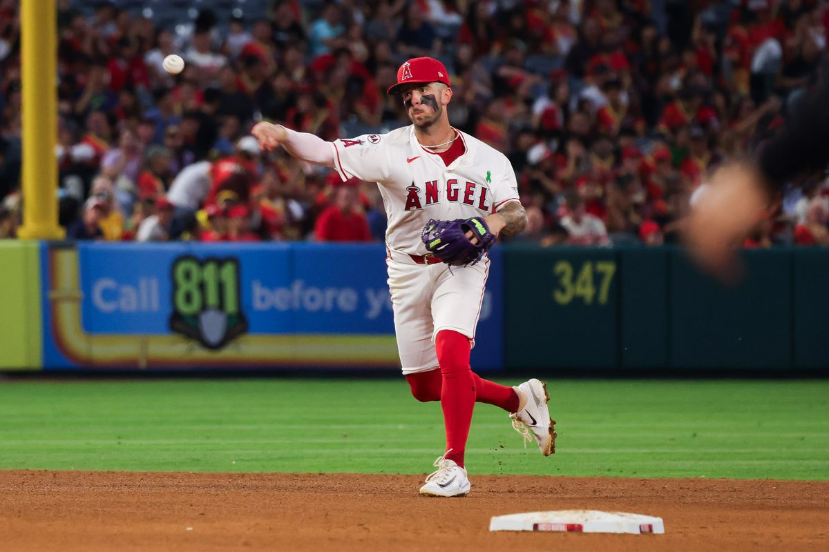 Los Angeles Angels infielder Zach Neto (9) throws during the MLB game against the Athletics Wednesday May 20th, 2026 at Angel's Stadium in Anaheim, Calif. Los Angeles Angels infielder Zach Neto (9) throws during the MLB game against the Athletics Wednesday May 20th, 2026 at Angel's Stadium in Anaheim, Calif.