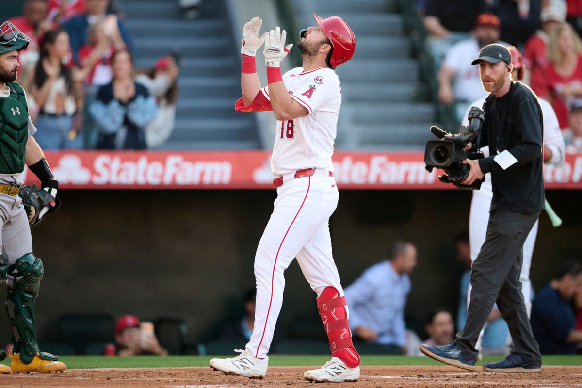 The Los Angeles Angels Nolan Schanuel #18 celebrates a two run homer during an MLB game against The Athletics on May 21st, 2026 at Angels Stadium in Anaheim, California. The Los Angeles Angels Nolan Schanuel #18 celebrates a two run homer during an MLB game against The Athletics on May 21st, 2026 at Angels Stadium in Anaheim, California.