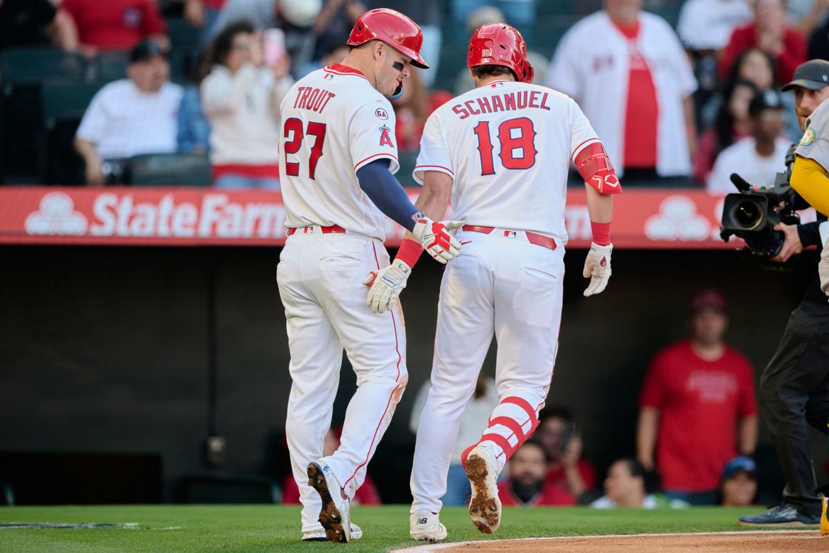 The Los Angeles Angels Mike Trout #27 and Nolan Schanuel #18 celebrate a home run during an MLB game against The Athletics on May 21st, 2026 at Angels Stadium in Anaheim, California. The Los Angeles Angels Mike Trout #27 and Nolan Schanuel #18 celebrate a home run during an MLB game against The Athletics on May 21st, 2026 at Angels Stadium in Anaheim, California.