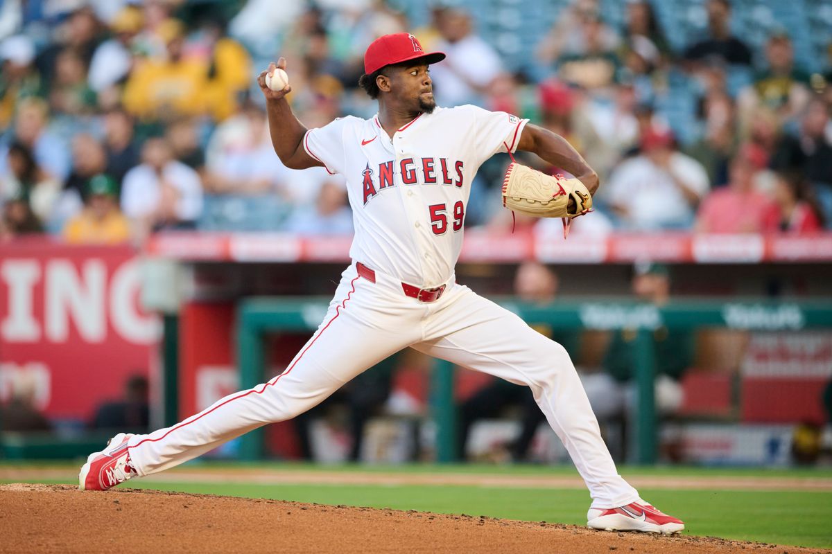 The Los Angeles Angels José Soriano #59 pitching during an MLB game against The Athletics on May 21st, 2026 at Angels Stadium in Anaheim, California. The Los Angeles Angels José Soriano #59 pitching during an MLB game against The Athletics on May 21st, 2026 at Angels Stadium in Anaheim, California.