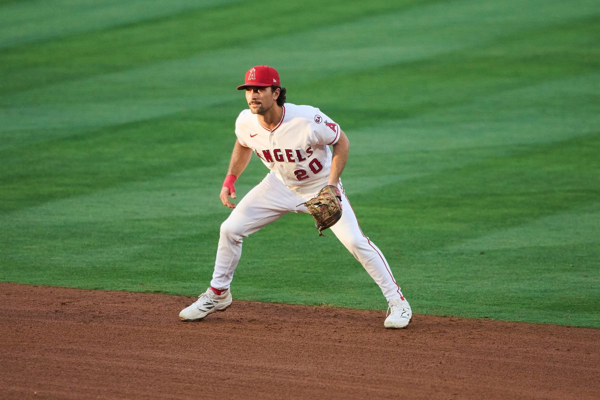 The Los Angeles Angels Adam Frazier #20 playing second base during an MLB game against The Athletics on May 21st, 2026 at Angels Stadium in Anaheim, California. The Los Angeles Angels Adam Frazier #20 playing second base during an MLB game against The Athletics on May 21st, 2026 at Angels Stadium in Anaheim, California.
