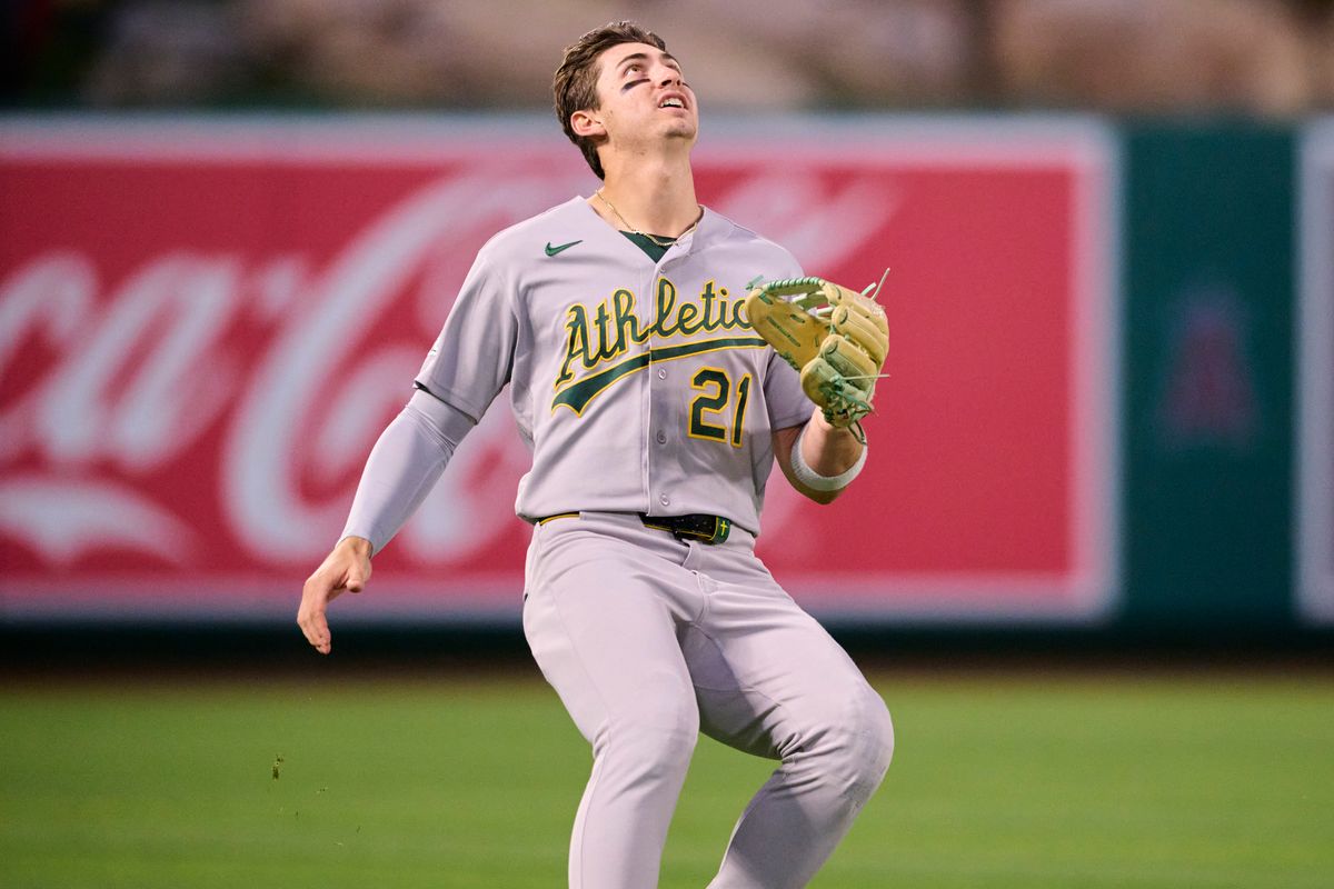 The Athletics Tyler Soderstrom #21 catches a fly ball during an MLB game against The Los Angeles Angels on May 21st, 2026 at Angels Stadium in Anaheim, California. The Athletics Tyler Soderstrom #21 catches a fly ball during an MLB game against The Los Angeles Angels on May 21st, 2026 at Angels Stadium in Anaheim, California.