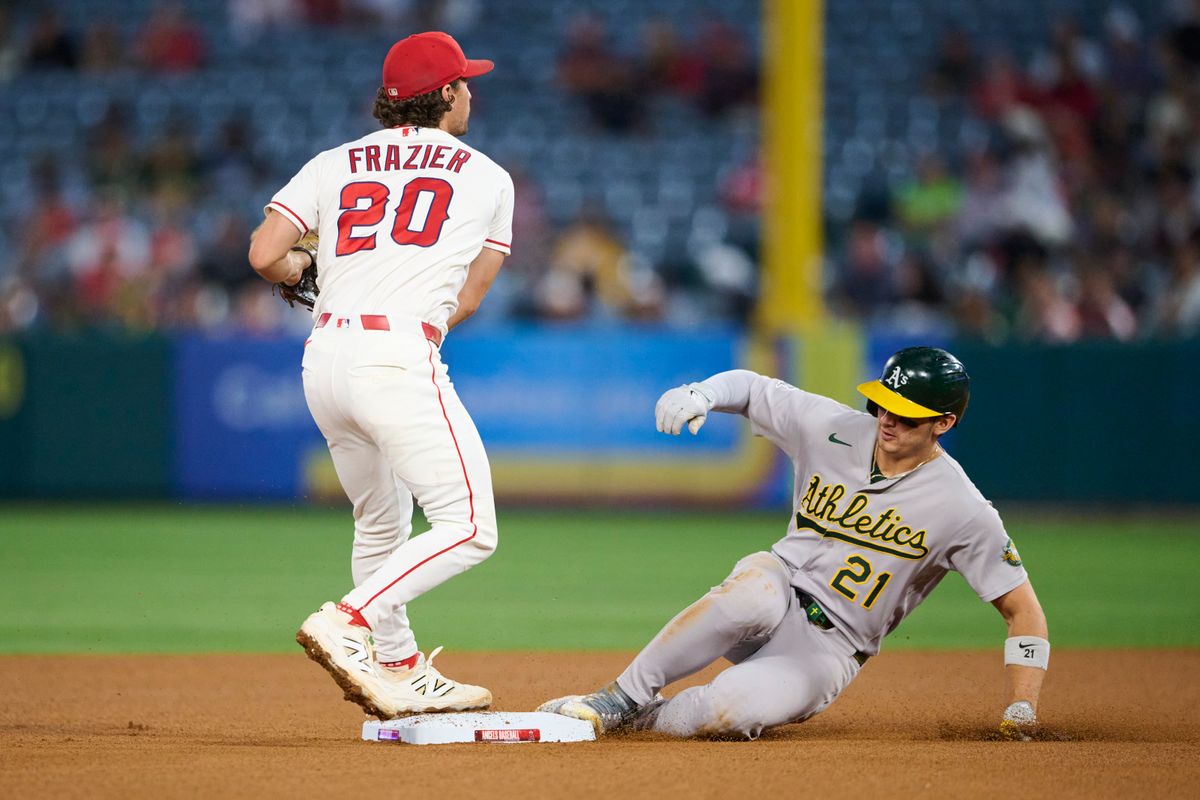 The Los Angeles Angels Adam Frazier #20 playing second base during an MLB game against The Athletics on May 21st, 2026 at Angels Stadium in Anaheim, California. The Los Angeles Angels Adam Frazier #20 playing second base during an MLB game against The Athletics on May 21st, 2026 at Angels Stadium in Anaheim, California.
