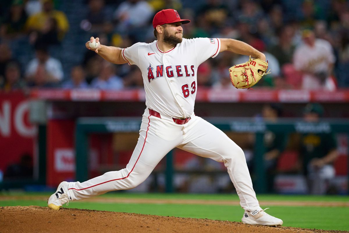 The Los Angeles Angels Chase Silseth #63 pitches during an MLB game against The Athletics on May 21st, 2026 at Angels Stadium in Anaheim, California. The Los Angeles Angels Chase Silseth #63 pitches during an MLB game against The Athletics on May 21st, 2026 at Angels Stadium in Anaheim, California.