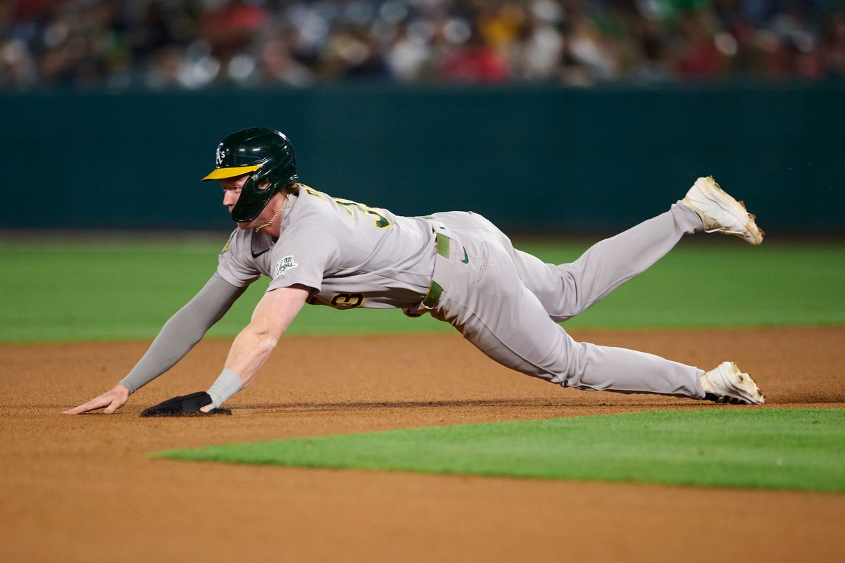 The Athletics Henry Bolte #33 slides into second base during an MLB game against The Los Angeles Angels on May 21st, 2026 at Angels Stadium in Anaheim, California. The Athletics Henry Bolte #33 slides into second base during an MLB game against The Los Angeles Angels on May 21st, 2026 at Angels Stadium in Anaheim, California.