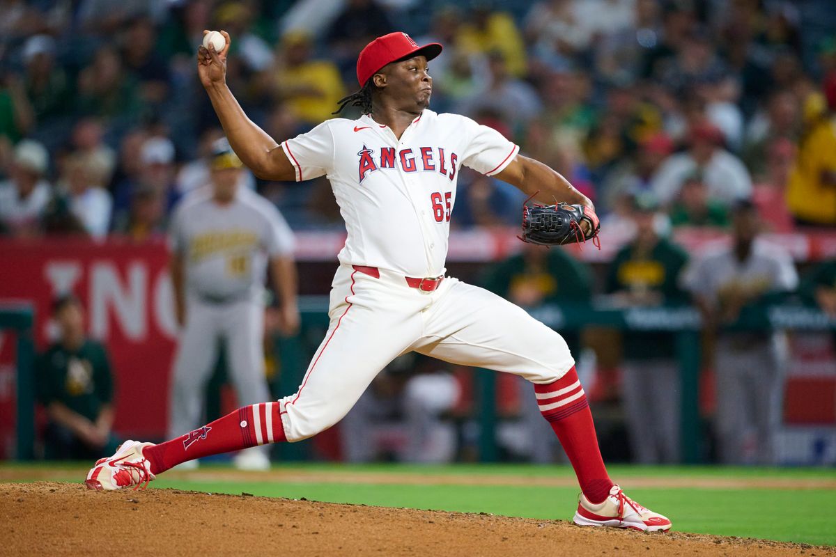 The Los Angeles Angels José Fermin #65 pitches during an MLB game against The Athletics on May 21st, 2026 at Angels Stadium in Anaheim, California. The Los Angeles Angels José Fermin #65 pitches during an MLB game against The Athletics on May 21st, 2026 at Angels Stadium in Anaheim, California.