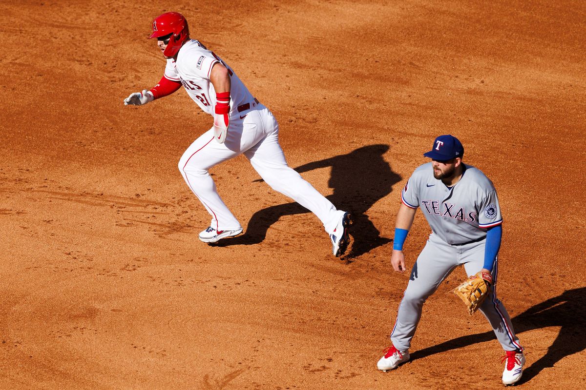 Mike Trout #27 of the Los Angeles Angels runs during the game against the Texas Rangers at Angel Stadium of Anaheim on May 24, 2026 in Anaheim, California. Mike Trout #27 of the Los Angeles Angels runs during the game against the Texas Rangers at Angel Stadium of Anaheim on May 24, 2026 in Anaheim, California.